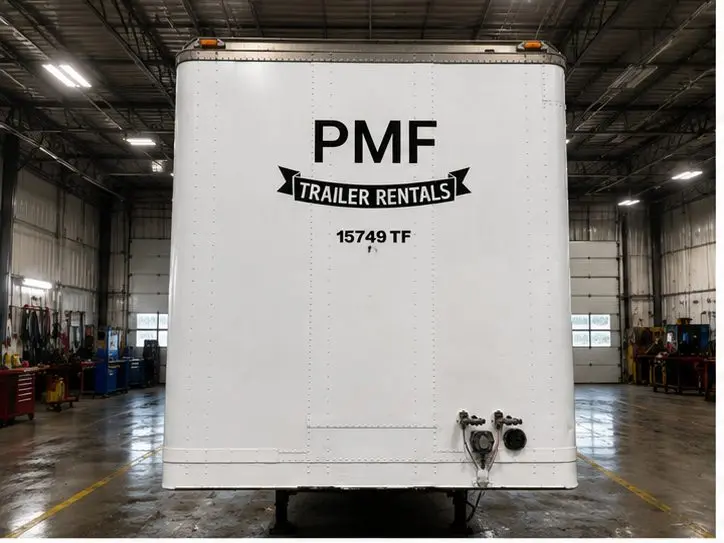 The same PMF rental trailer front after repair and refinishing at OG Trailer Repair — clean, straightened panel